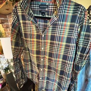 Banana Republic Navy and Orange Plaid Shirt